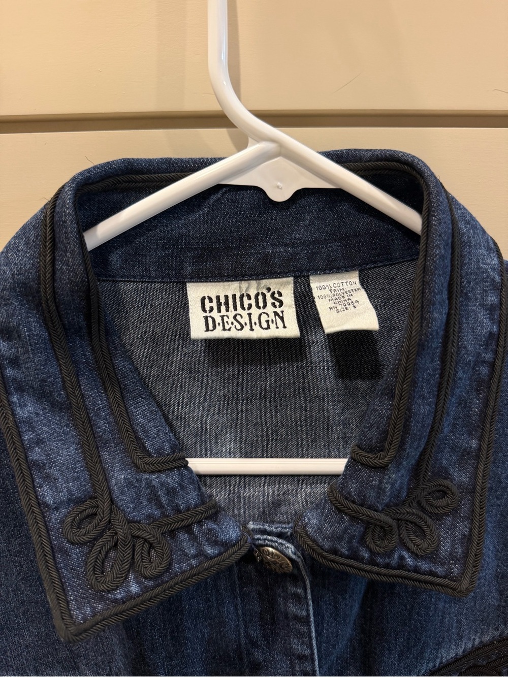 Chico's design Blue Denim Jacket with Black Embroidery Trim - Picture 3 of 4